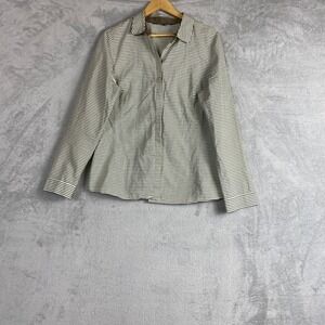 Lafayette 148 New York Womens Olive Green White Striped Cotton Blouse Size 14